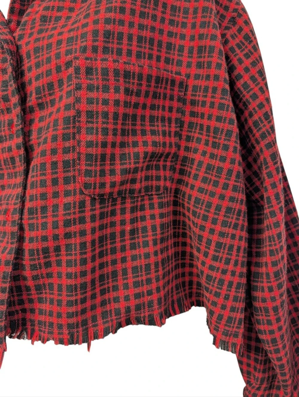 HYFVE Womens Red Black Plaid Collared Button-Up Fringe Cropped Shirt Sz L